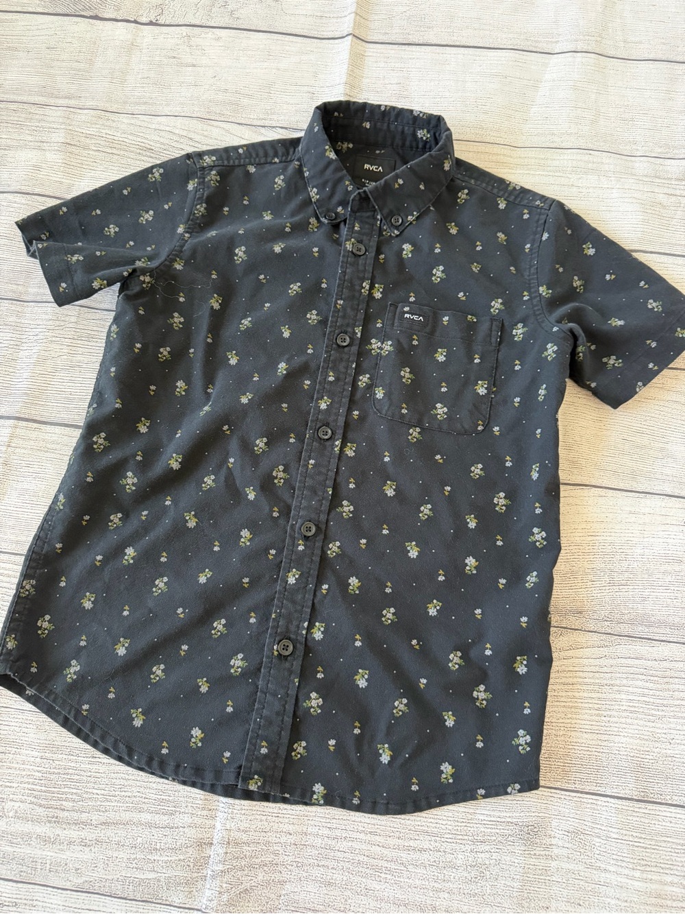 RVCA Black Short Sleeve Button-Down with Small Green Floral Print
